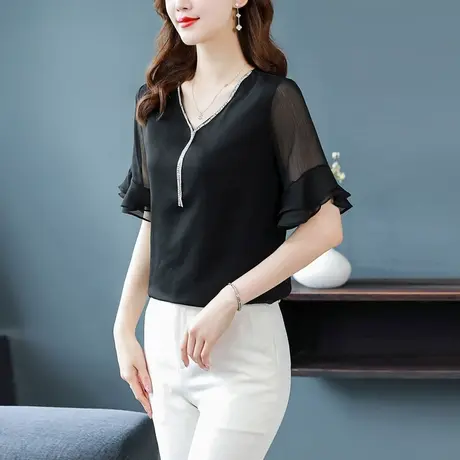 2023夏季新款时尚短袖雪纺衬衫女V领荷叶袖宽松显瘦漂亮女小衫图片