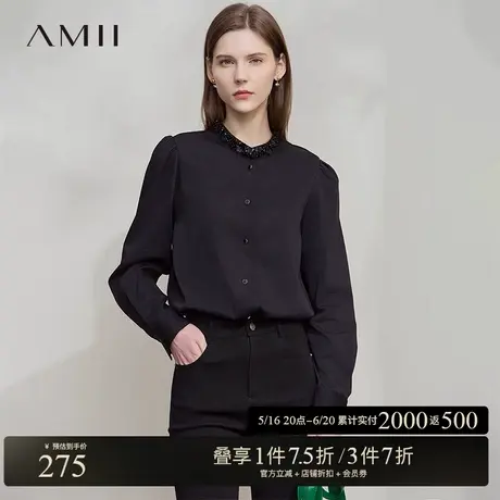 AMII【法式优雅】25春季极夜黑领边钉珠优雅泡泡袖长袖衬衫女春秋商品大图