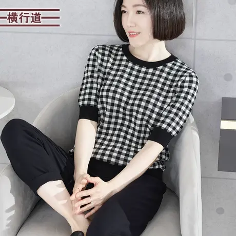 圆领黑白格子针织短袖T恤2023新款秋装小衫装休闲套头女上衣宽松图片