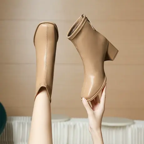 永希粗跟短靴女2023新款春夏高跟防滑马丁靴配裙子时尚气质瘦瘦靴图片