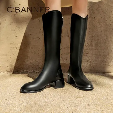 千百度粗高跟长靴百搭冬季气质骑士靴女瘦瘦靴高筒靴复古显瘦百搭商品大图