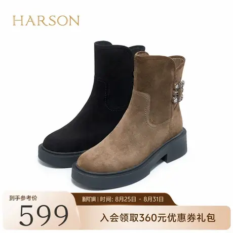 哈森厚底时装短靴女秋冬新款羊反绒加绒短筒靴休闲瘦瘦靴HA227139图片