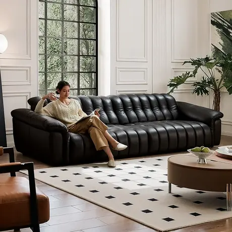 【U标·琴键】全友家私家居复古风全青皮大黑牛直排真皮沙发商品大图