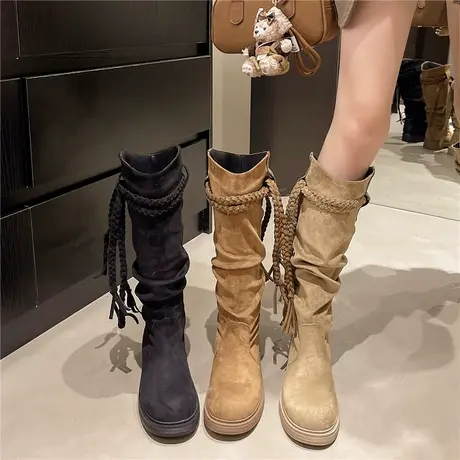 粗跟显瘦堆堆靴女2025年秋季新款百搭不过膝长靴时尚配裙子骑士靴商品大图