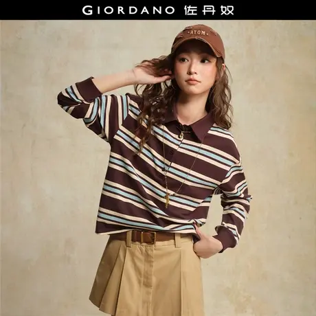 [卢正义明星款]佐丹奴条纹Polo衫女撞色宽松长袖翻领上衣18315604商品大图