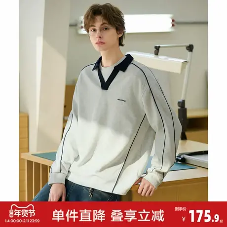 唐狮2026春季新款男翻领卫衣字母刺绣浅米灰运动时尚青少年穿搭商品大图