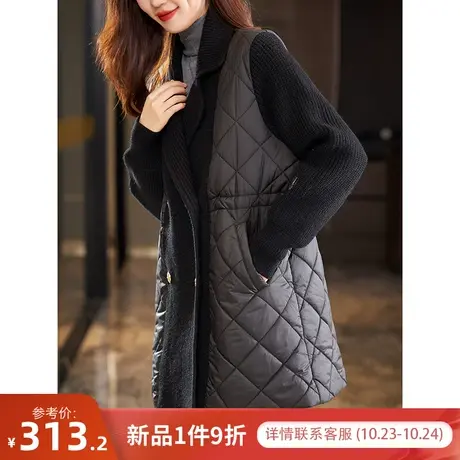 宝诗黎西装领双排扣针织拼接棉服女中长秋冬外套2023新款宽松大衣商品大图