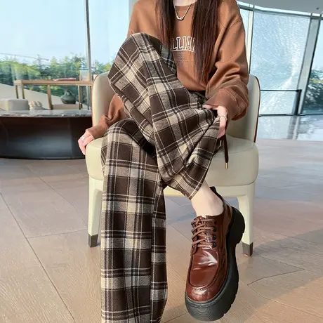 咖啡格呢子阔腿裤女秋冬新款高腰宽松休闲直筒裤小个子毛呢格子裤商品大图