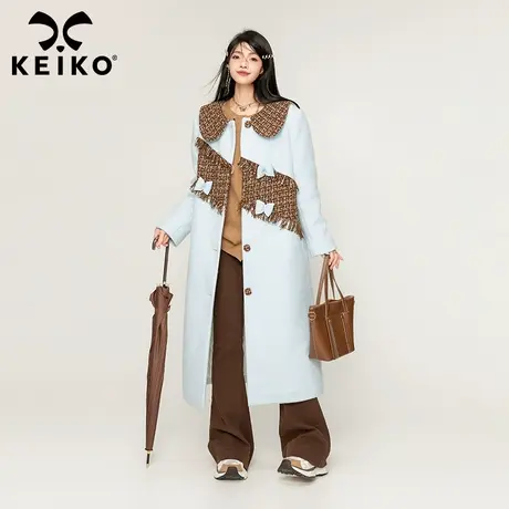 KEIKO [夹棉] 花呢拼接毛呢大衣女长款过膝秋冬设计感呢子外套厚商品大图