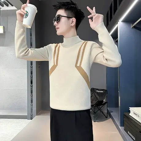 撞色毛衣男秋冬季潮流半高领内搭针织衫上衣条纹休闲毛线打底线衣商品大图