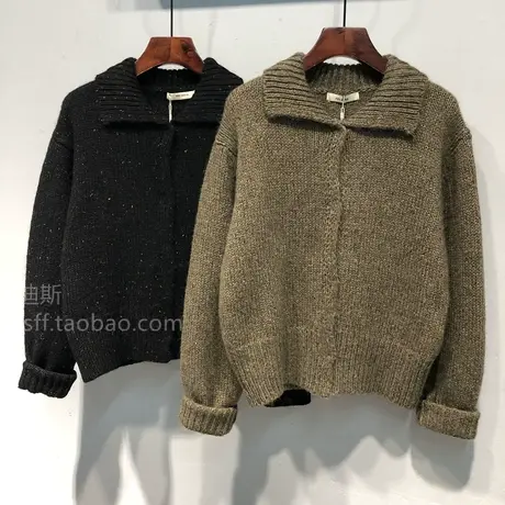 2023秋冬韩国新款单排暗扣宽松短款小个子羊毛翻领毛衣开衫女外套图片