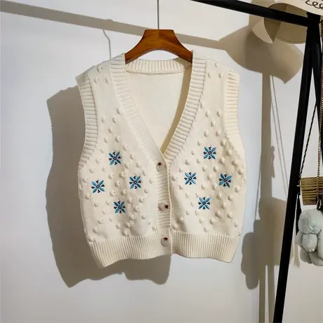 学院风雪花刺绣针织马甲开衫女2023秋冬新款v领百搭毛衣背心外搭图片