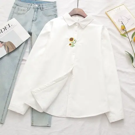 秋冬日系文艺小清新刺绣加绒加厚纯棉长袖白色衬衫女打底保暖上衣商品大图
