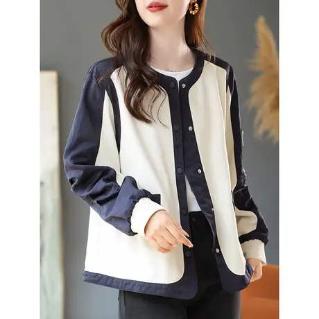 宝诗黎圆领针织拼接短外套早秋时尚开衫2023新款宽松休闲口袋上衣商品大图