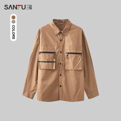 三福2024春男士户外工装口袋长衬衫 宽松纯棉翻领上衣男479147商品大图