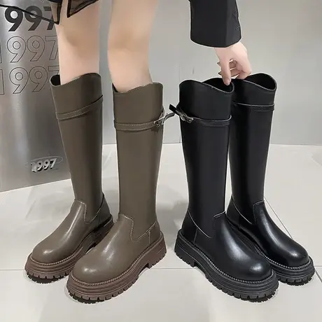 长筒靴女2023年春秋季新款英伦风超火显瘦靴子粗跟厚底v口骑士靴商品大图