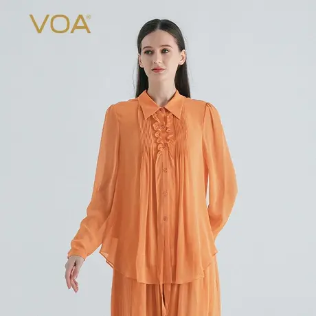 VOA桑蚕丝乔其纱深桔POLO领衬衫长袖荷叶装饰风琴褶宽松真丝衬衫商品大图