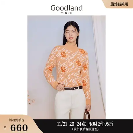 Goodland美地女装冬季立领针织衫撞色玫瑰印花海马毛套头商品大图