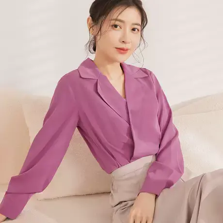 桔熊春秋季通勤简约雪纺衫亲肤气质西装领长袖上衣女大码AB17596图片