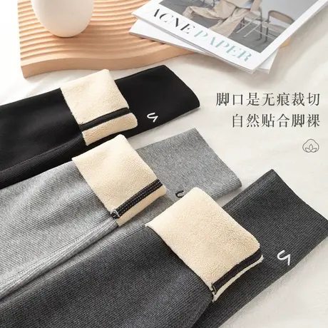 棉螺纹竖条纹女打底裤浅灰色九分弹力秋冬羊羔绒保暖加厚加绒高腰商品大图