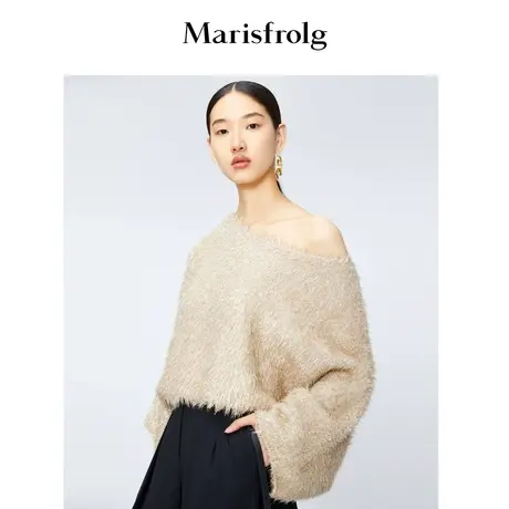 【针织礼服】玛丝菲尔年新款卡其色露肩毛针织衫气质优雅商品大图