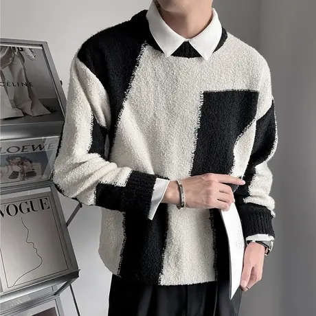 毛衣男圆领长袖毛衫ins撞色休闲设计感秋冬季新款青年套头针织衫商品大图