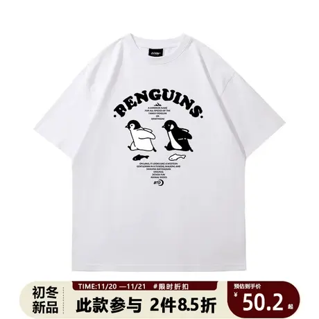 日系复古企鹅印花短袖潮牌t恤男女2023夏季宽松纯棉欧美半袖上衣商品大图