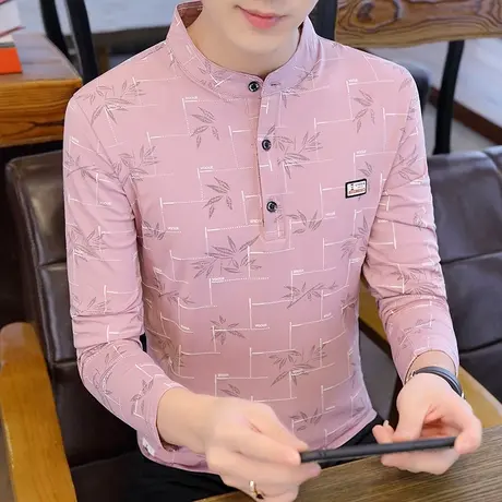 长袖T恤男潮流秋季休闲印花上衣男士针织衣服立领港风polo衫男装商品大图