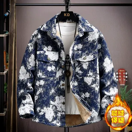 秋冬季潮牌撞色加绒衬衫男提花加厚保暖衬衣学生内搭褂子夹克外套图片