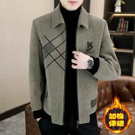 加厚呢子夹克男士秋冬季休闲翻领金貂绒刺绣加棉毛呢高端男装外套商品大图