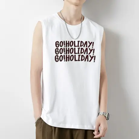 男士背心纯棉无袖t恤潮牌夏季跨栏篮球健身白色运动宽肩坎肩汗衫商品大图