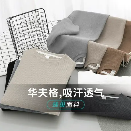 重磅华夫格t恤男士短袖2024新款圆领纯色上衣服潮流夏季五分半袖商品大图