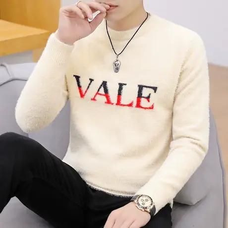 春秋季水貂绒毛衣男士潮流宽松针织衫加绒加厚秋装上衣保暖线衣服商品大图