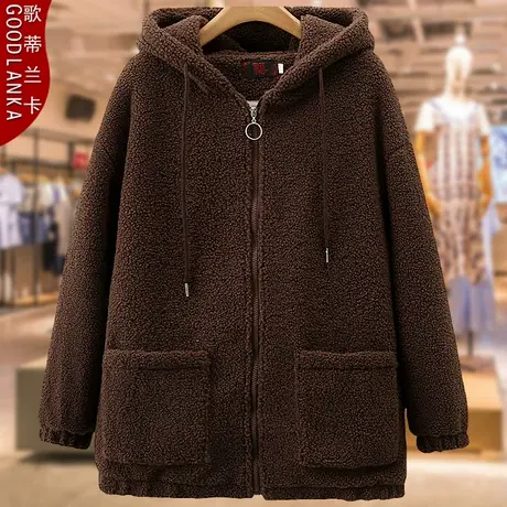 大码中老年妈妈冬季加绒羊羔绒外套时尚妈妈装连帽加厚保暖棉衣女商品大图