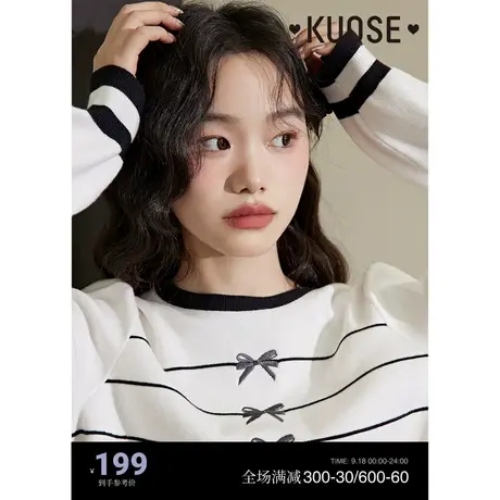 阔色蝴蝶结针织衫女2023秋冬新款白色毛衣短款打底衫长袖内搭上衣商品大图