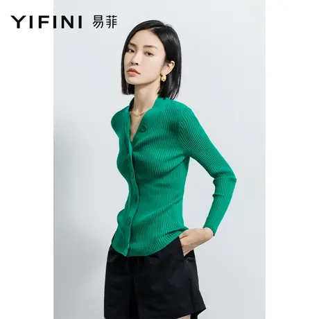 Yifini/易菲合体短款毛织外套女2023春秋新款修身显瘦长袖针织衫商品大图