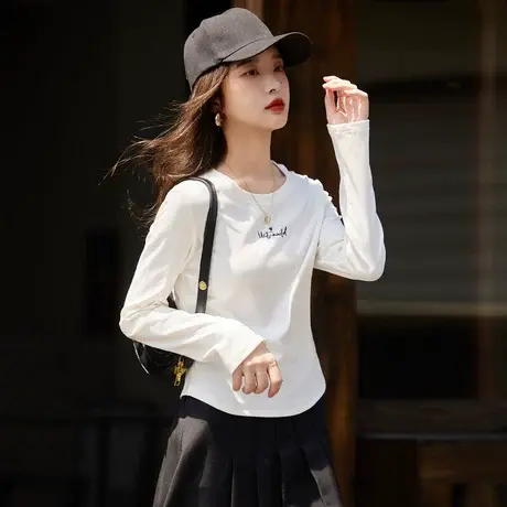 时尚气质圆领长袖打底T恤2023年秋季新款淑女温柔修身显瘦上衣图片