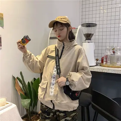 卡其色风衣女2021年早秋新款时尚休闲百搭薄款夹克拉链连帽短外套商品大图