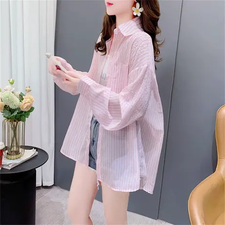 设计感条纹亮钻衬衫外套女夏季2023新款宽松薄款洋气休闲防晒上衣商品大图