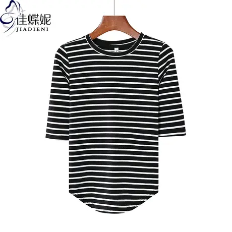 早春新款韩版圆领纯棉修身纯欲燕尾摆条纹中袖体恤上衣女打底衫图片