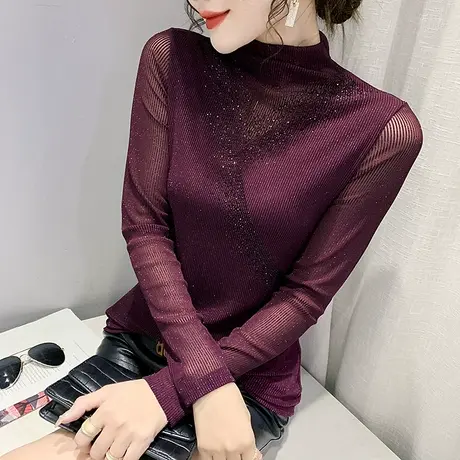 半高领打底衫女秋冬新款加绒网纱烫钻长袖T恤洋气紧身内搭上衣潮商品大图