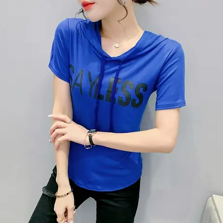 2024夏装新款时尚连帽短袖T恤女洋气修身百搭上衣设计感小众小衫商品大图