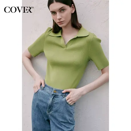 COVER夏季Polo领弹力坑条修身针织衫商品大图