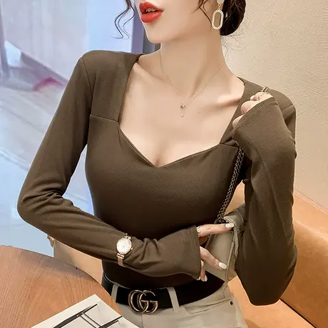 性感低胸方领T恤女长袖欧货洋气露锁骨上衣内搭显瘦打底衫春秋ins商品大图