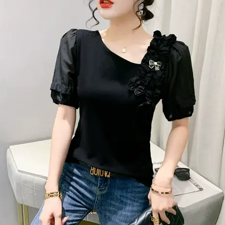 2024夏装新款荷叶边T恤女短袖网纱拼接泡泡袖上衣气质紧身小衫ins商品大图