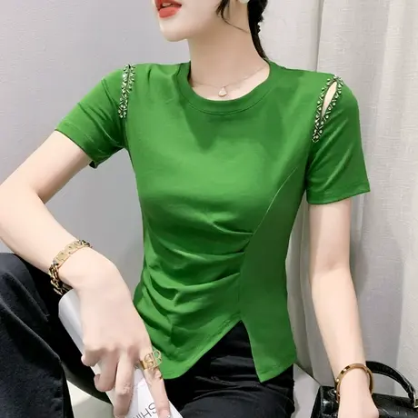 网红开叉T恤女短袖欧货设计感小众镂空上衣手工钉珠小衫修身半袖图片