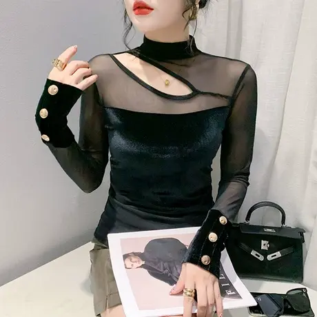 高领黑色网纱T恤女长袖性感镂空丝绒拼接上衣洋气修身内搭打底衫商品大图