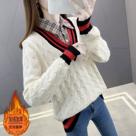 女士衬衣领假两件毛衣2022年新款爆款打底衫女上衣时尚洋气秋冬季图片