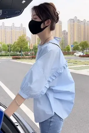 韩国东大门韩版宽松娃娃款蝙蝠袖长袖衬衫波点衬衫女2023夏款上衣商品大图