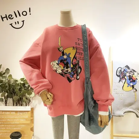 2019秋冬韩国东大门Ulzzang港风潮卡通宽松加绒加厚卫衣保暖大码商品大图